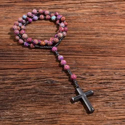 Natural Purple Emperor Jasper Catholic Christ Hematite Cross Pendant Necklace Meditation Mala Beads Rosary Men and Women Jewelry