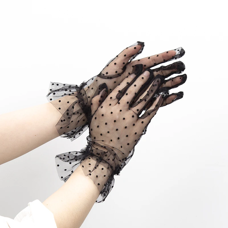 1 Pair Sexy Lace Gloves Dot Fashion Driving Women Short Tulle Stretchy Lotus Leaf Sheers Flexible Mesh Wedding Full Finger Glove