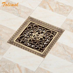 Shower Drains 12*12cm Square Bath Drains Strainer Hair Antique Brass Art Carved Bathroom Floor Drain Waste Grate Drain 3782151A