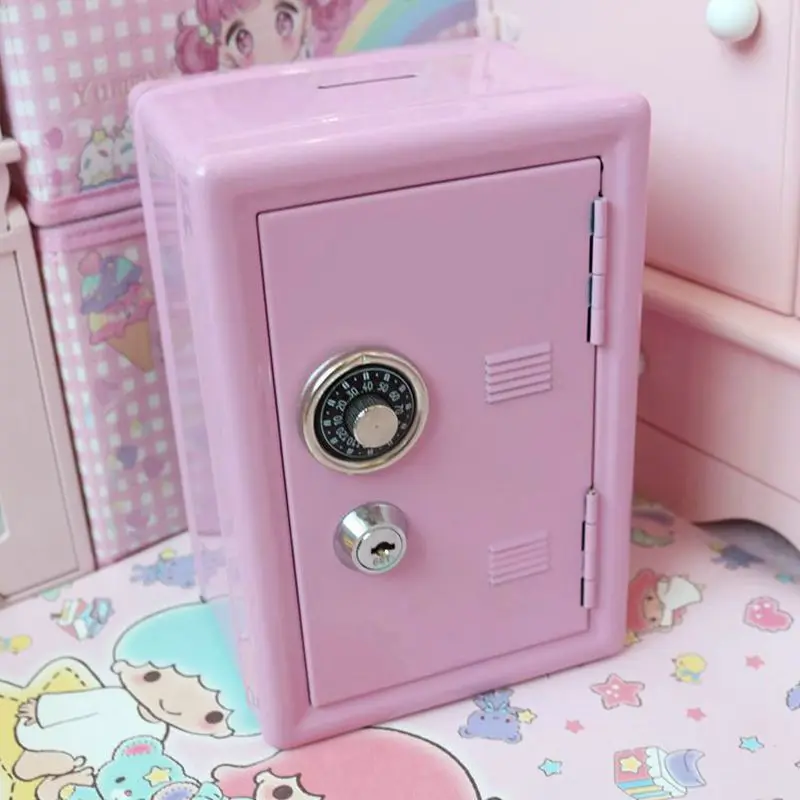 Kawaii Safe Box Decorative Savings Box Piggy Bank Metal Iron Mini Dormitory Storage Pink INS Cabinet Money Box