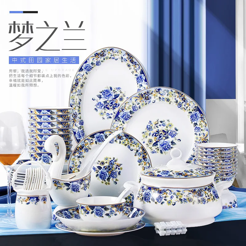 Jingdezhen ceramic bone china tableware, bowl and dish set, household combination, 56 pieces of dream orchid for Chinese microwa