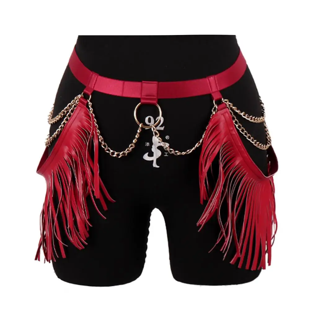 Tassel Skirt Garter Body Harness Gothic Chain Ring Waist Cage Red Strappy Elastic Plus Size Sexy SuspenderParty Rave Thigh Belts