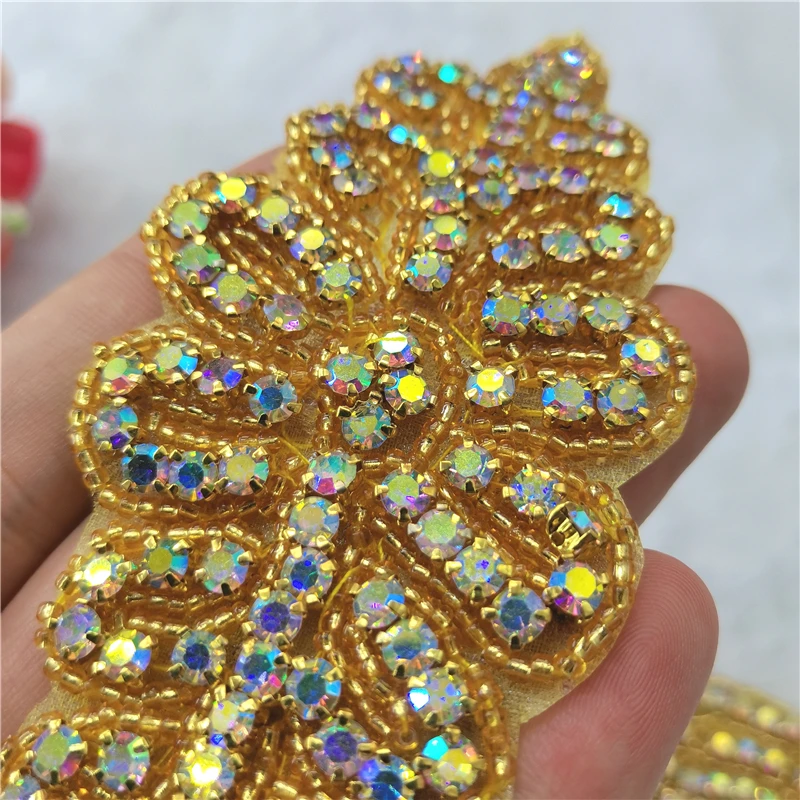 Rhinestone crystal Appliques patch iron on silver gold hand beaded applique for belt accessory sewn on wedding dress