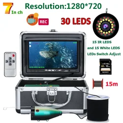 DVR Caméra vidéo sous-marine 15M/30M, détecteur de poisson avec écran HD 7 pouces, 15 led blanches + 15 lampes infrarouges 1080P pour la pêche sur glace/mer