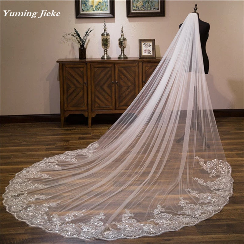 1 Tier Bridal Glitter Sequins Floral Lace Trim Wedding Veil Cathedral Length Bridal Veil 3 Meters 120 Inches Glam Veil