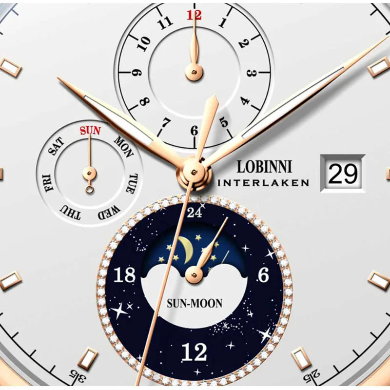 LOBINNI مصمم الرجال الساعات الميكانيكية التلقائية القمر المرحلة تاريخ الأسبوع الرجال ساعة اليد للماء الياقوت الزجاج الساعات