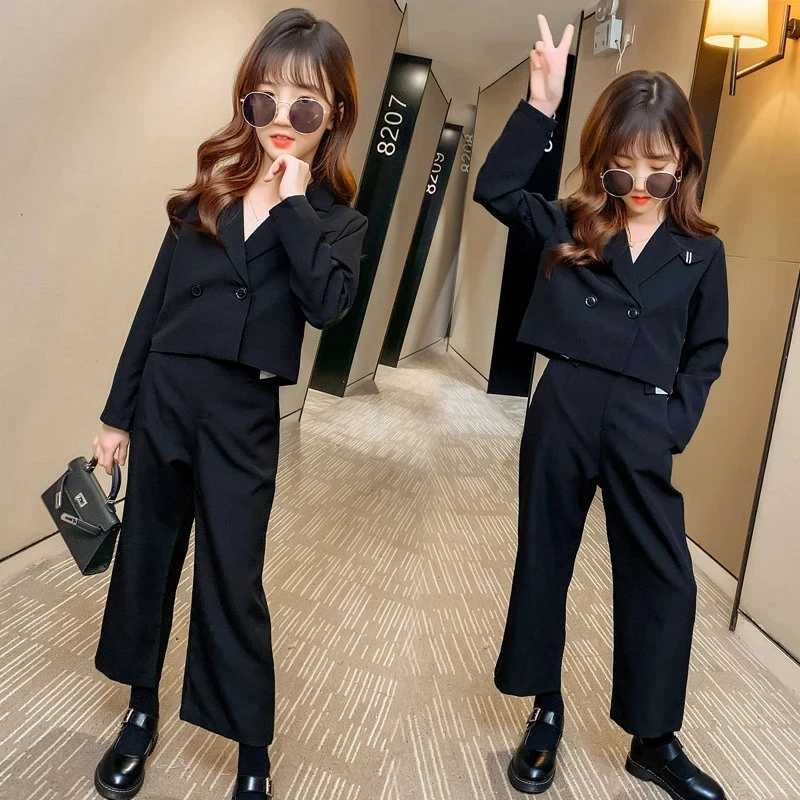 

Kids Formal Wedding Suit Sets for Girls Spring Black Kids Blazer Sets Coat + Pants High-Grade Teenager Casual Outfits 5-14Yrs