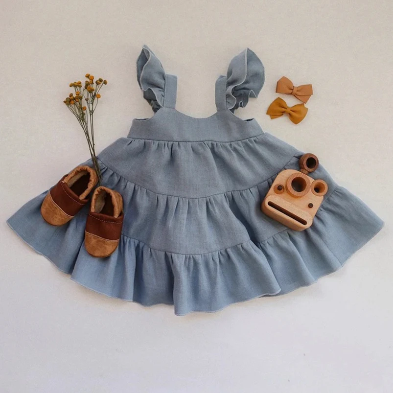 Kleinkind Mädchen Trägerkleid Kinder Rüschen Ärmellos Solide Baumwolle Leinen Freizeitkleid Outwear Schönes Kleinkind Tutu Sommer Strandkleid