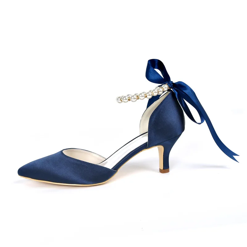 Kitten Heels Wedding Shoes for Bride Satin Pearls Pointed Toe Mid Heels Bridal Pumps Prom Evening Formal Party Dress Shoes
