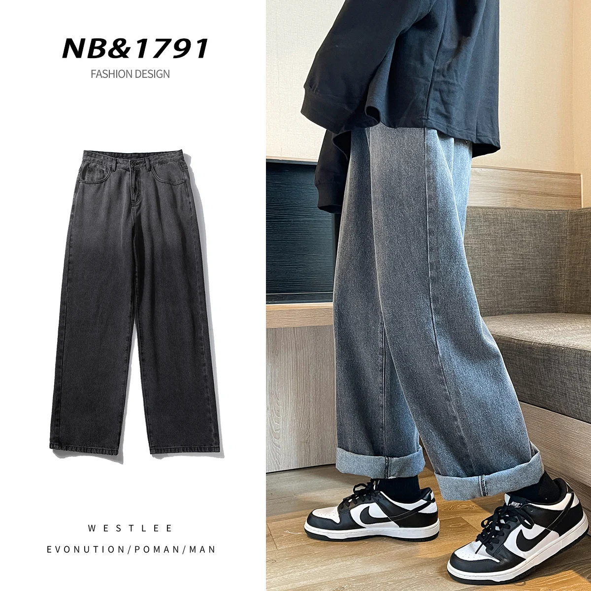 

2022 Spring New Men's Denim Wide-leg Pants Streetwear Korean Fashion Gradient Baggy Jeans Male Brand Clothes Black Blue