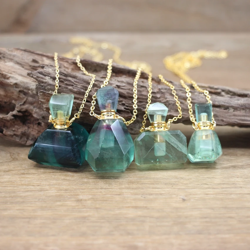 Natural Fluorite Perfume Bottle Pendant Necklace Healing Crystal Quartz Essential Oil Vial Charms Women Fashion Jewelry QC1106