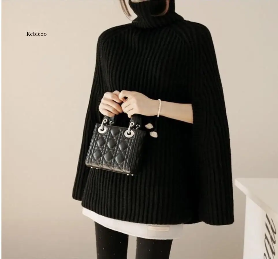 Fall poncho turtle neck knitted sweaters womens cloak pullover high neck solid basic loose casual black jumper sweater 4 colors