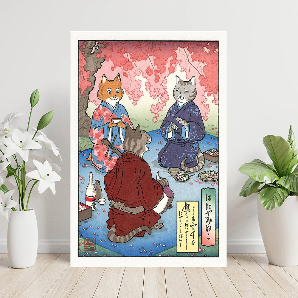 Samurai Cat Ramen Sushi Painting Funny Japanese Poster Cat Restaurant Print Canvas Ukiyoe Wall Art Pictures Home Office Decor