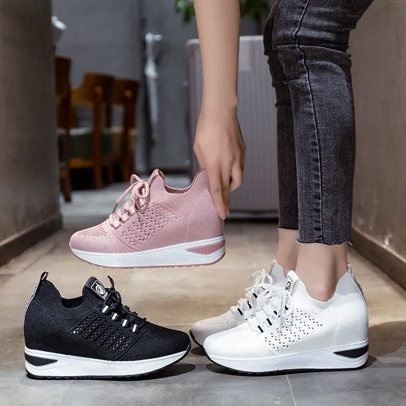 New Women Sock Shoes Platform Sneakers Breathable Mesh Height-increasing Lace up Chunky Shoes Female Casual Flats Walking Shoes9