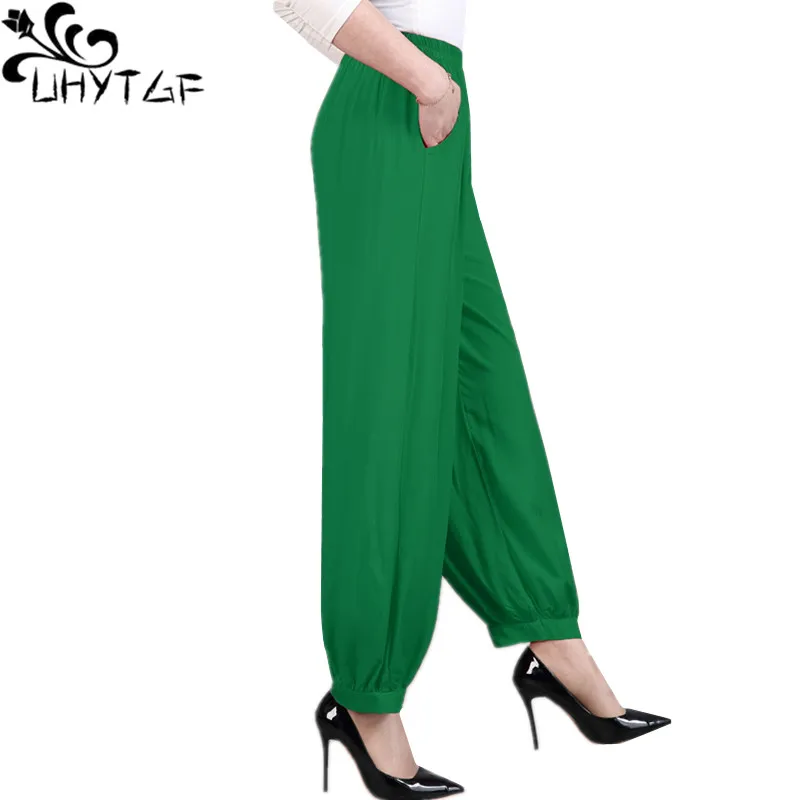 UHYTGF Trousers For Women 2022 Fashion Cotton Silk Printing Casual Spring Summer Pants Female Elegant 5XL Loose Size Pants 1615