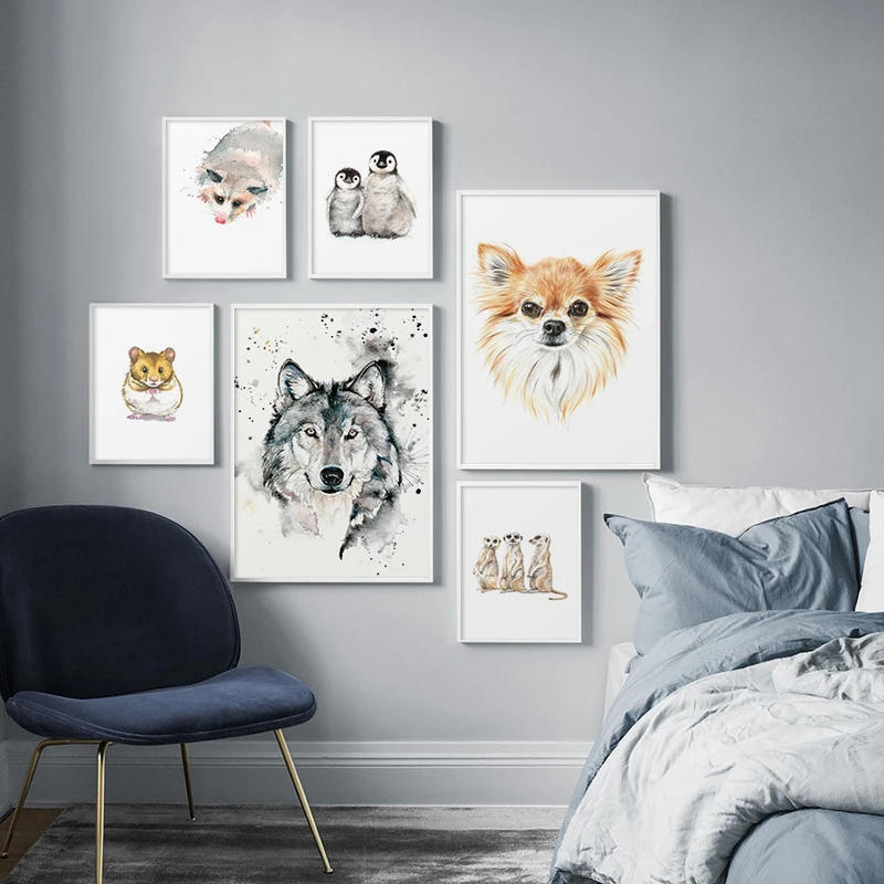 Watercolor Animals Art Poster Wolf Little Penguins Opossum Nursery Canvas Painting Wall Print Nordic Pictures Kids Room Decor