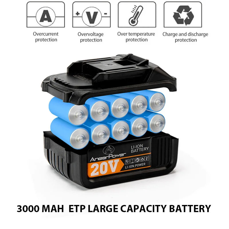 Taladro de impacto eléctrico inalámbrico, destornillador sin escobillas de alta potencia, batería de litio de 3.0Ah, 13MM, mandril de autobloqueo,