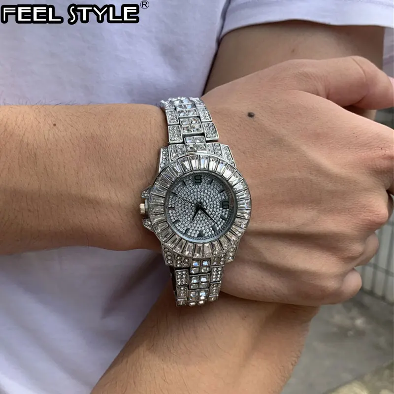 Hip Hop Luxury Mens Iced Out CZ Waterproof Baguette Watches Date Quartz Wrist Watches With Micropave Alloy Watch For Men Jewelry