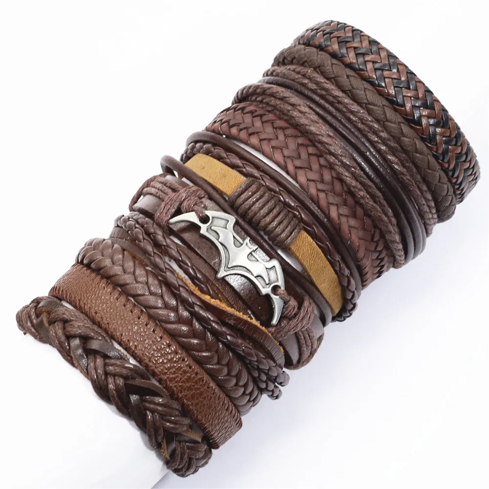 New Yellow Brown Leather Weave Feather Men Bracelets for Women Bangles Femme Homme Male Jewellery 10 Pcs/set