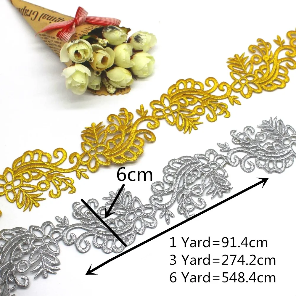 1 Yard Gold Cosplay Costume Braid Embroidered Lace Vintage Applique Iron On Gold and Sliver Metallic Lace 6CM