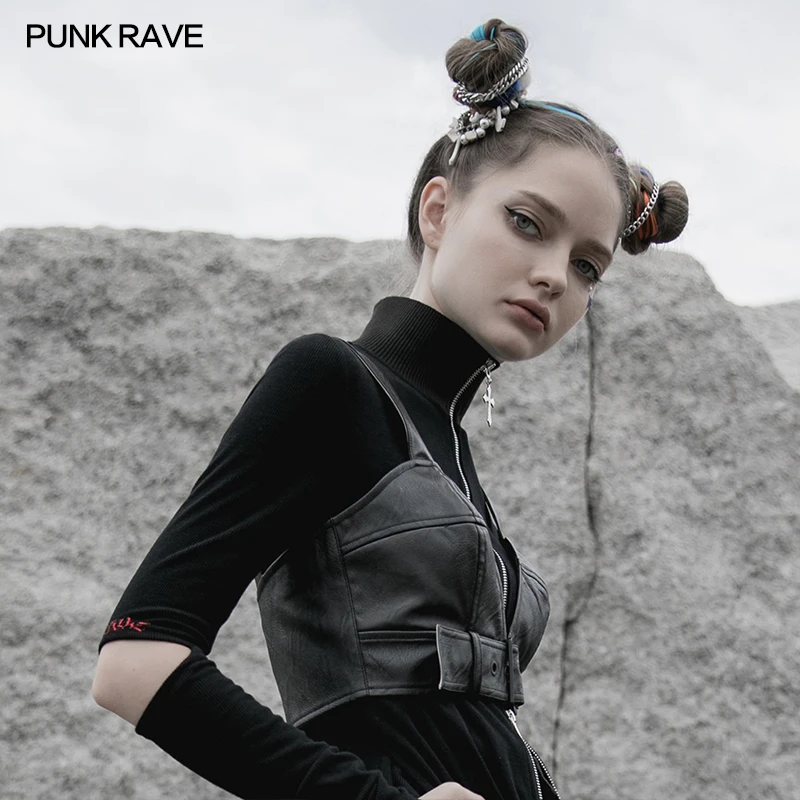 PUNK RAVE Women's Punk Slim Sexy PU Crack Leather Corset Structural Breast Cup Design Black Handsome Bustiers Accessories