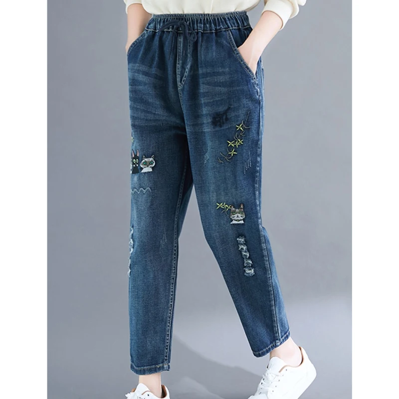 Mass Wasss Neue 2022 Frühling Damen Lose Vintage Elastische Design Jeans Europäischen Stil Blau Stickerei Denim Hosen Casual Hosen