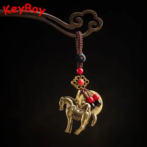 황동 동물 말 원숭이 열쇠 고리 끈 펜던트, 수제 꼰 로프 중국어 다섯 황제 동전 행운의 풍수 행잉 Best5