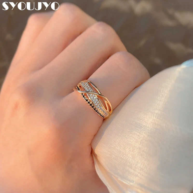 Anillo de oro rosa de la rueda del destino para mujer, sortija de circonita Natural en blanco y negro entrelazada, anillos simples de lujo, regalo para niña, 585