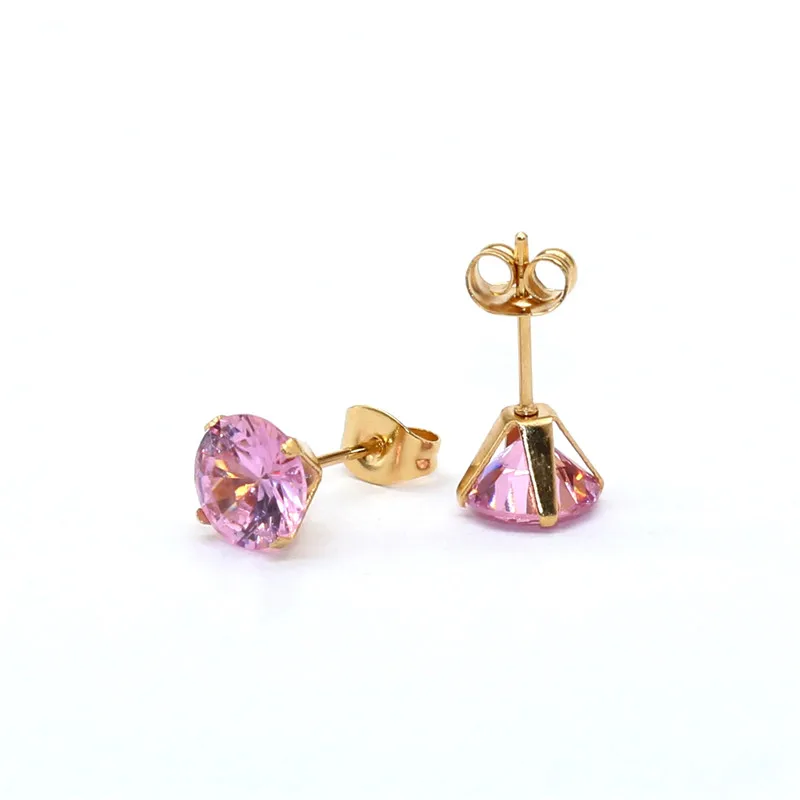 Mini-Ohrstecker aus Edelstahl mit rosa AAA-Zirkonia, 3mm bis 8mm rund, echte goldfarbene Beschichtung, nicht leicht verblassend, allergiefrei – Detail 20