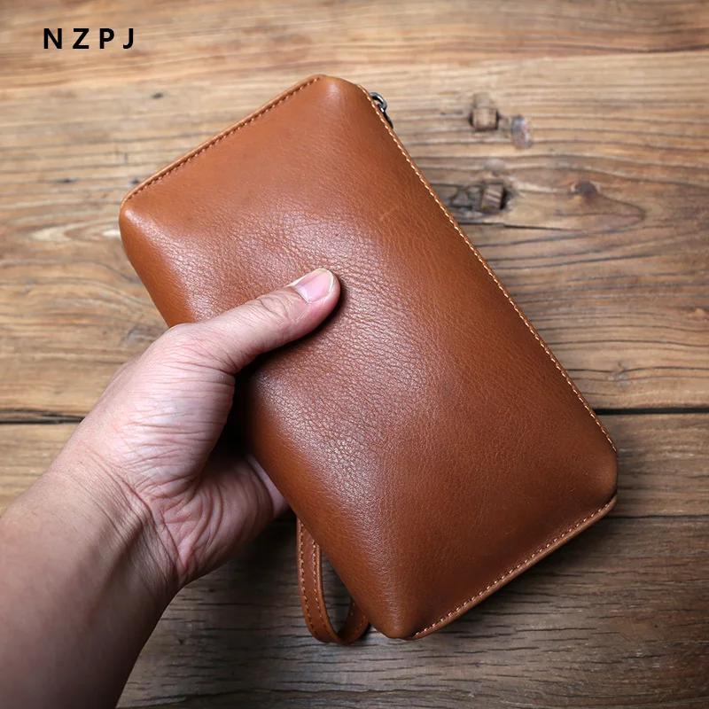 NZPJ männer Leder Lange Brieftasche Erste Schicht Rindsleder Zipper Clutch Tasche Retro Bank Karte Fall Weichem Leder Telefon Fall münze Fall – Detail 3