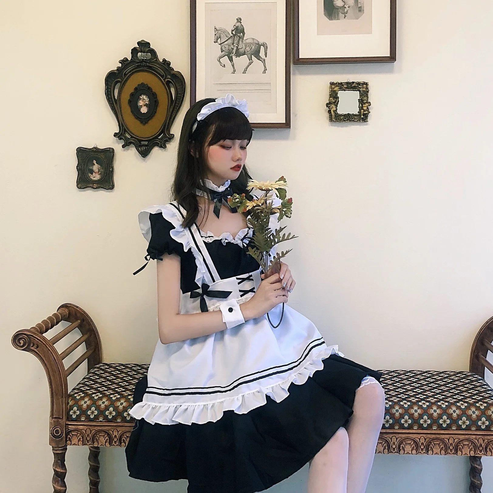 Vestidos Lolita pretos para mulheres, Maid Outfit, Traje Cosplay Gato Bonito, Vestido de avental, Trajes de Halloween, Terno