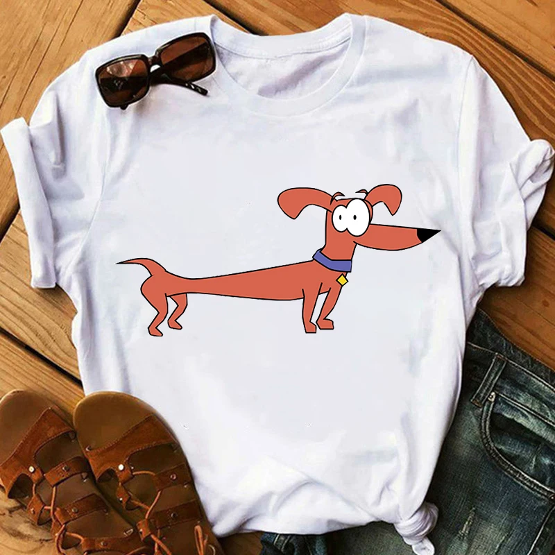 Girl Tee Short Sleeve White Tops Summer Cute Sausage Dog T-Shirt women Funny dog Graphic  Female  Harajuku Top