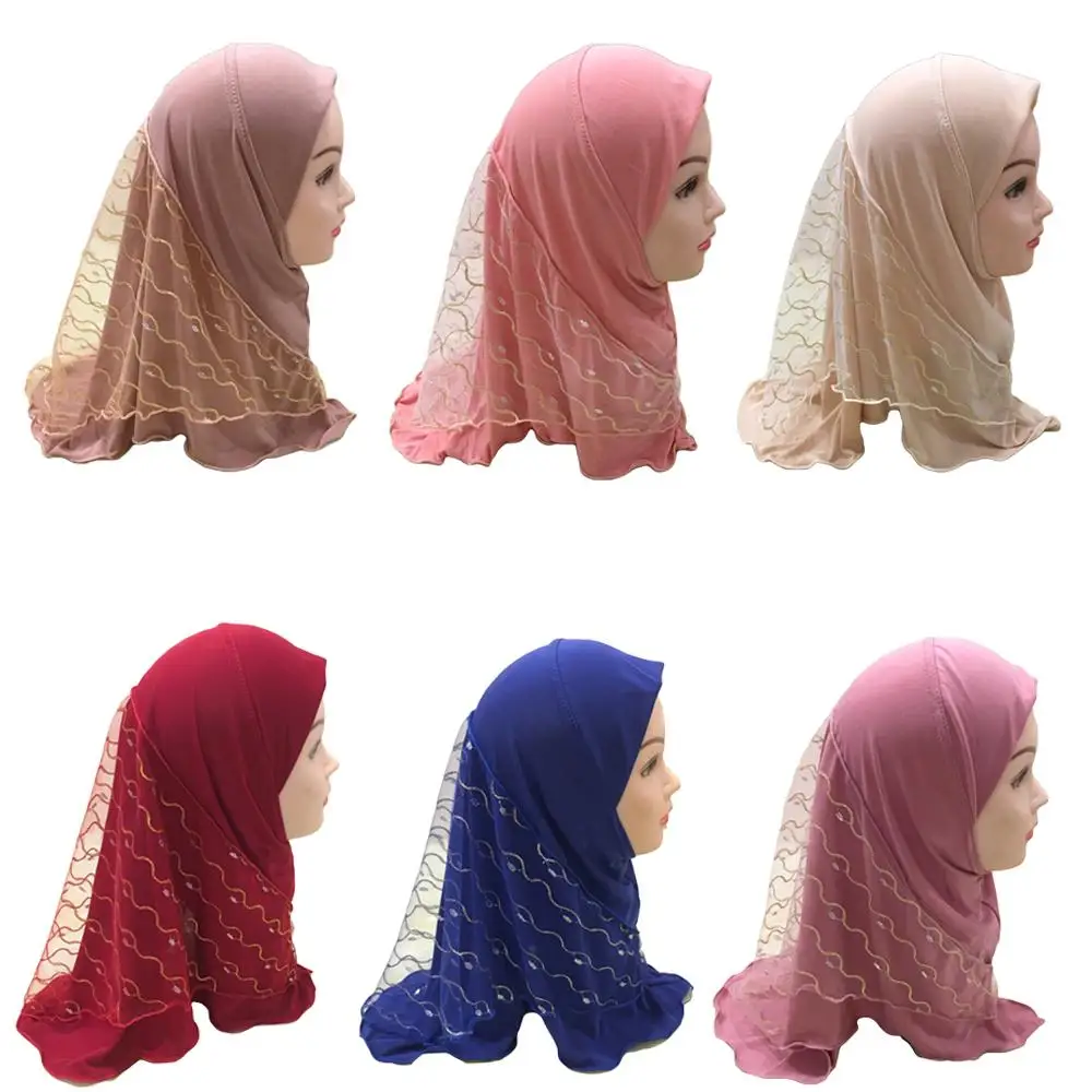 

Muslim Girls Kids Hijab Scarf Islamic Mesh Headscarf Cover Head Wrap Shawl Caps Full Cover Prayer Hat Arab Turban Amira 2-6Y