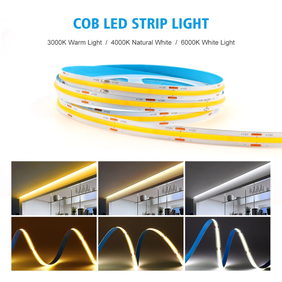 COB Led Strip 320 528 Leds DC 12V 24V Flexible Led Tape COB Led Lights 3000K 4000K 6000K Warm Natural White Linear Dimmable