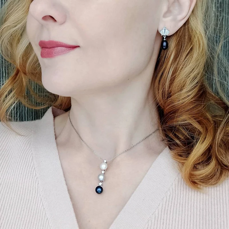 Echtes Naturperlen-Halsketten- und Ohrring-Set für Damen, luxuriöses Perlen-Schmuckset aus 925er Silber, Geschenk für Ehefrau, Mutter, Geburtstag, Weiß, Schwarz – Detail 6