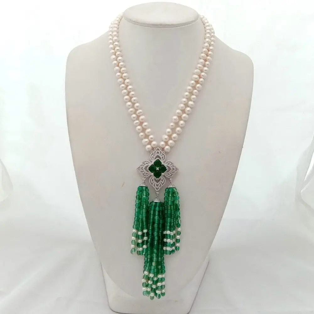 2strds White 7-8mm freshwater Pearl & Green jade Necklace 925 Silver Pave inlay zircon tassel