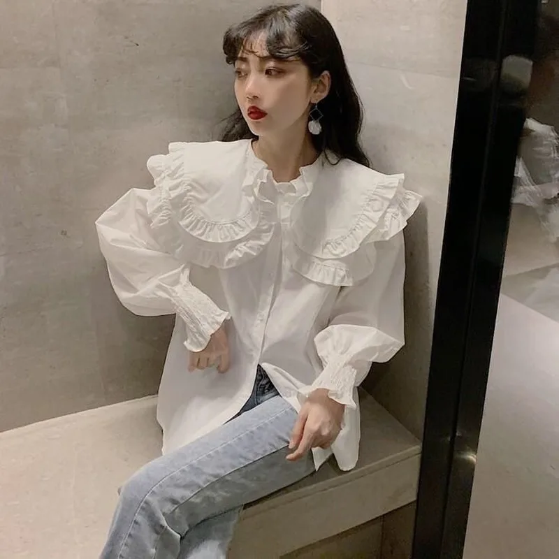 Women Shirts Lovely Vintage White Female Sweet Leisure Lantern Sleeve Students Ruffle Tops Mujer Blusas Chemisier Fashion New