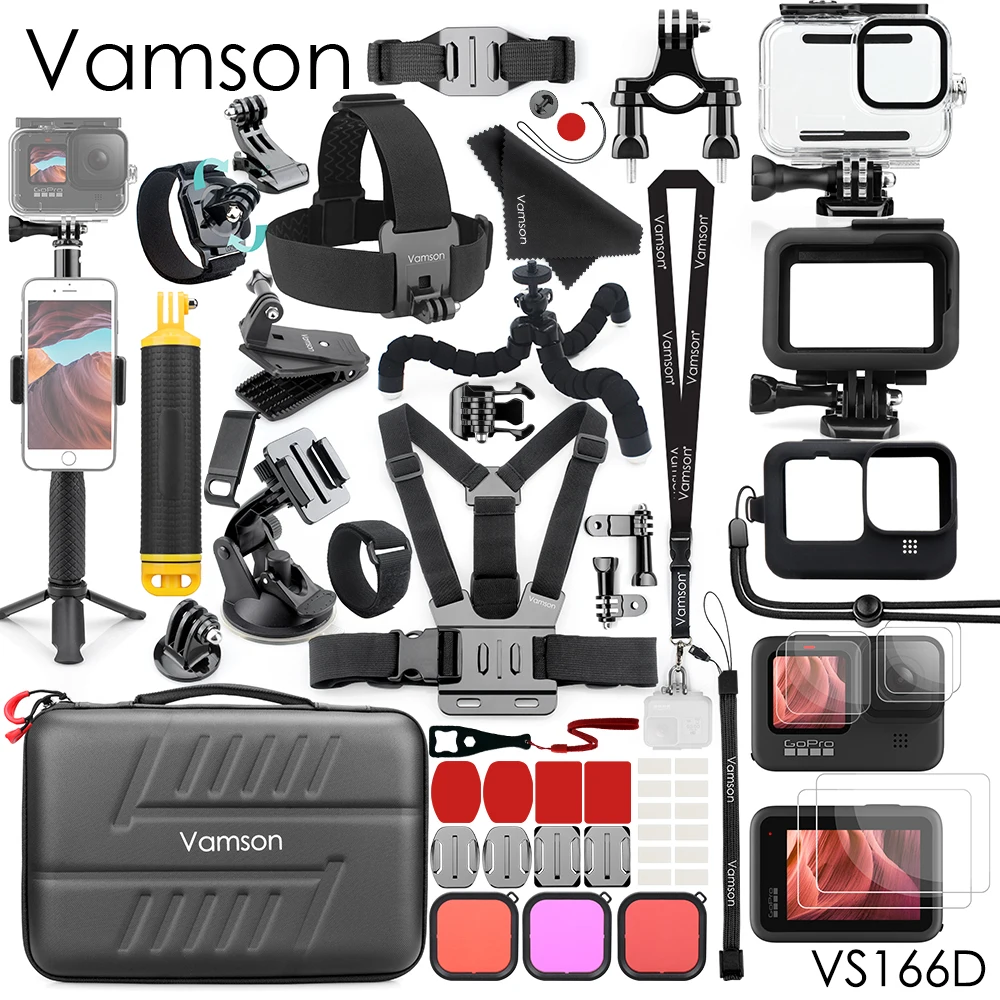 Vamson for Gopro Hero 12 11 Black Accessories Side Cover Waterproof Housing Case Tripod Mount Monopod for Go Pro Hero 12 11 10 9