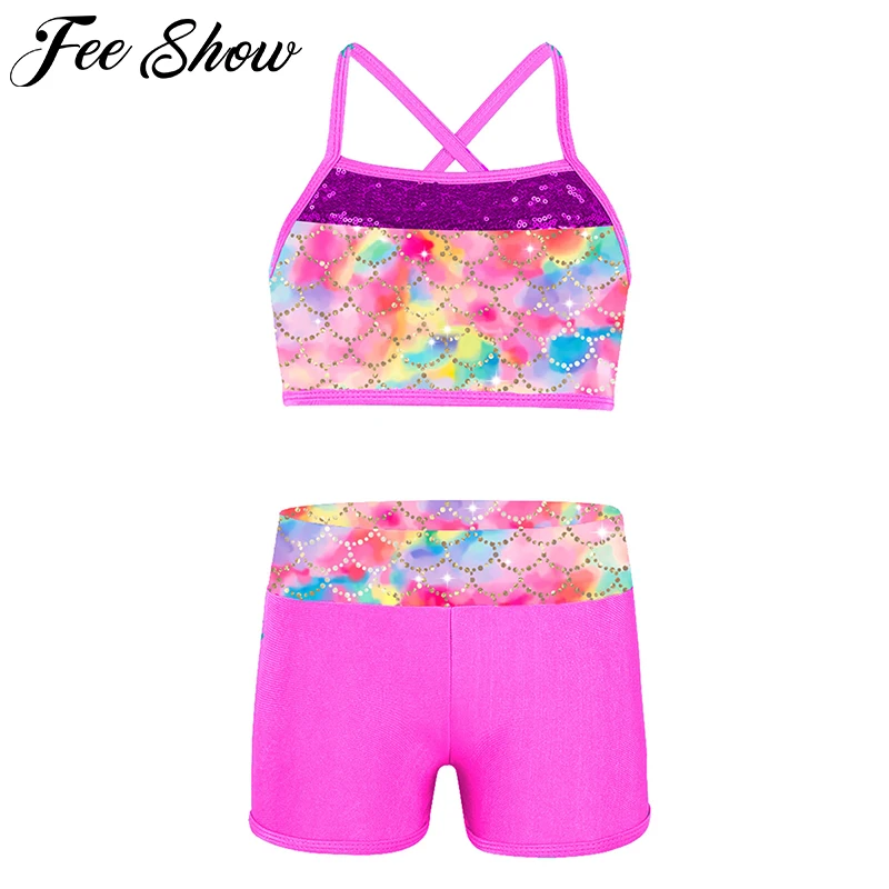 2-14 Years Toddler and Teen Girls Athletic Swimsuits Set Sleeveless Sequins Mermaid Tank Top with Shorts Set Kids Bathing Suit