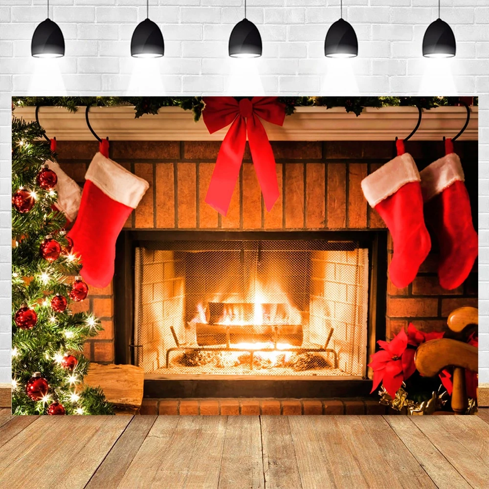 Christmas Fireplace Backdrop for Photography Tree Sock Gift Xmas Party Supplies Photo Background Pictures Banner Studio Decor