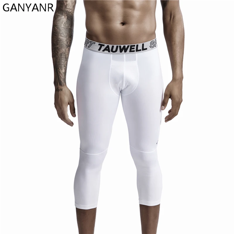 GANYANR Men Compression Pants Running Tights Gym Leggings Basketball Sports Fitness Sexy 3/4 Length Training Soccer Workout