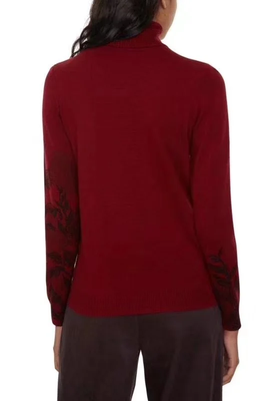 women's Vintage printed casual turtleneck wine red long sleeve knitted sweater