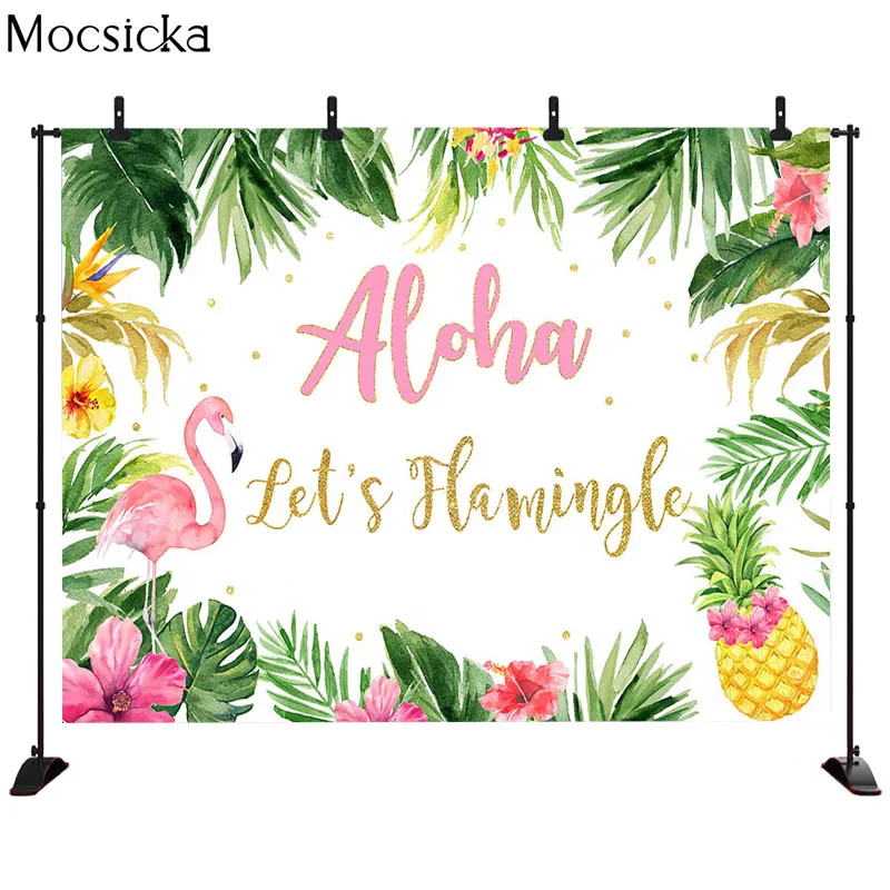MOCSICKA Aloha Floral Birthday Party Background Hawaiian Flamingo Photography Background Beach Blue Sky White Clouds Banner