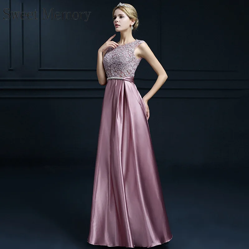 O117 Custom Made Red Gold Pink Blue Long Bridesmaid Dresses Lace Satin Floor Length Plus Size Wedding Party Dress Sweet Memory