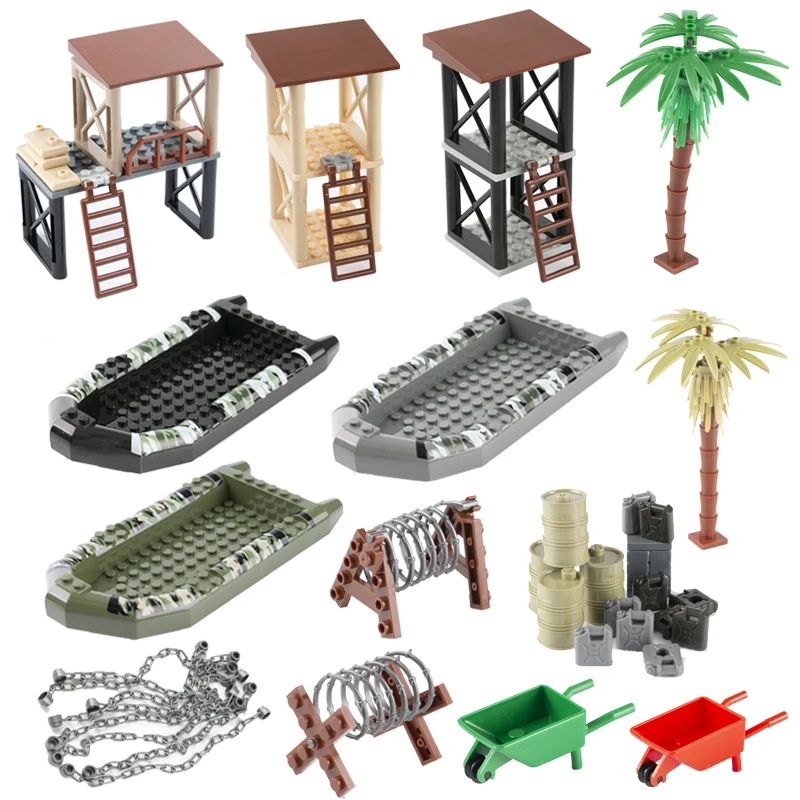 WW2 Military Weapon Accessories Building Blocks Sentry Port Oil Barrow Cart Ship Army Camo Boat MOC City Series Bricks Toys C128