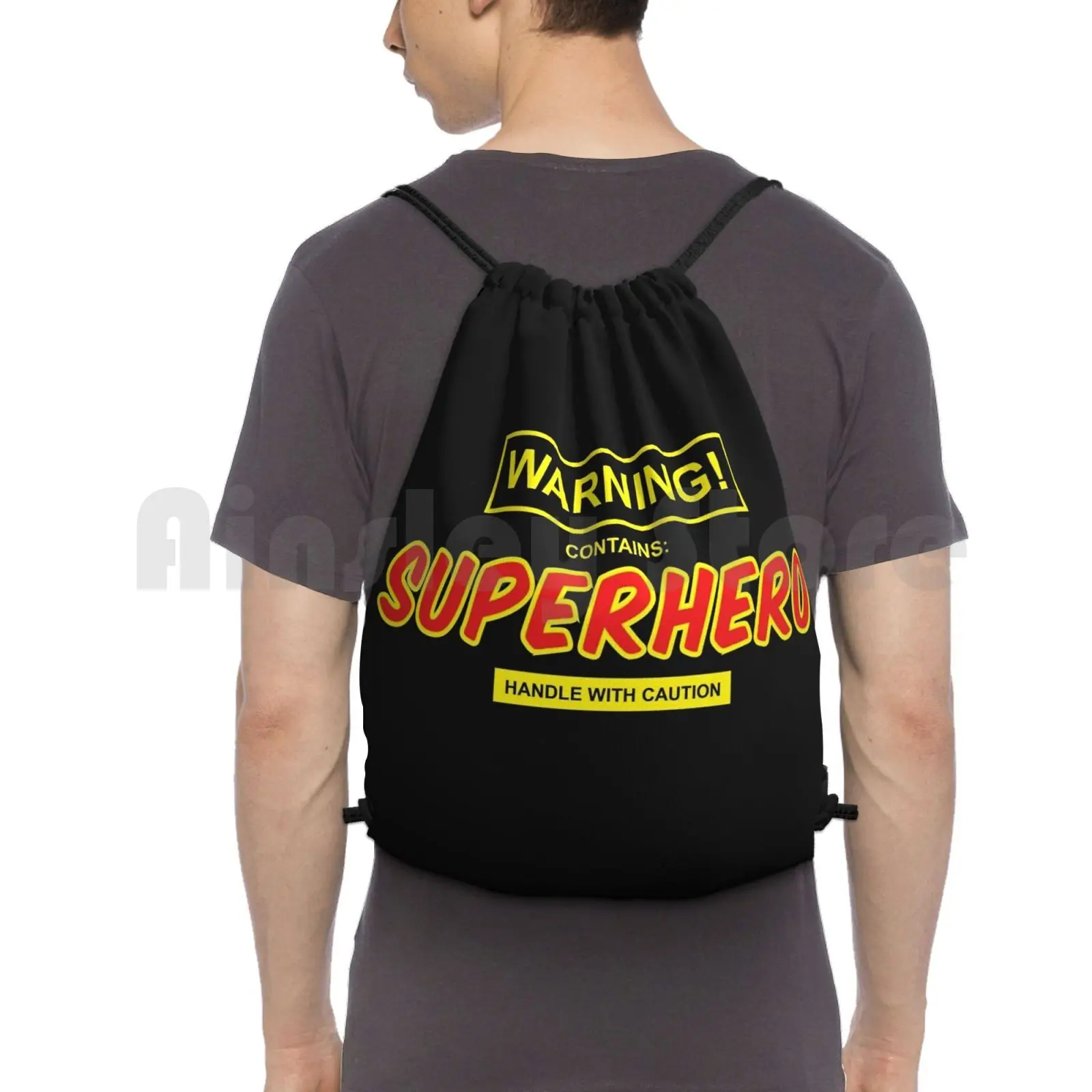 Warning! Contains : Superhero. Backpack Drawstring Bags Gym Bag Waterproof Superhero Superheros Geek Funny Humor Phrase