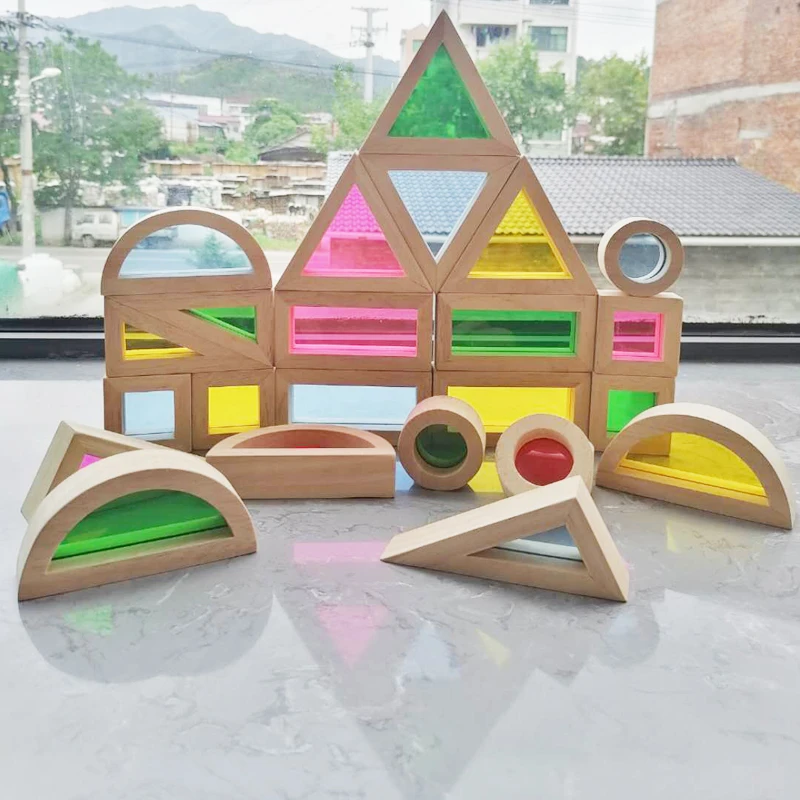 

Kids Montessori Wooden Toys Sensory Rainbow Blocks Solid Rubber Wood Stacking Acrylic Buliding Blocks Creative Educational Toys