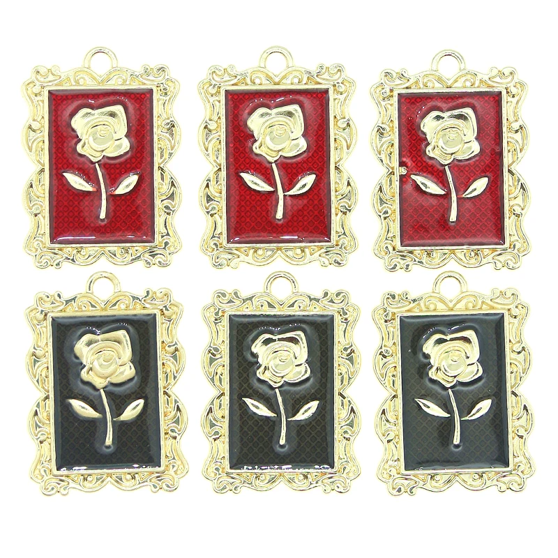 5pcst 20*27mm Enamel Rose Metal Medallion Square Sign Charms Pendants for Making Necklaces Earrings Keychain DIY Jewelry Crafts