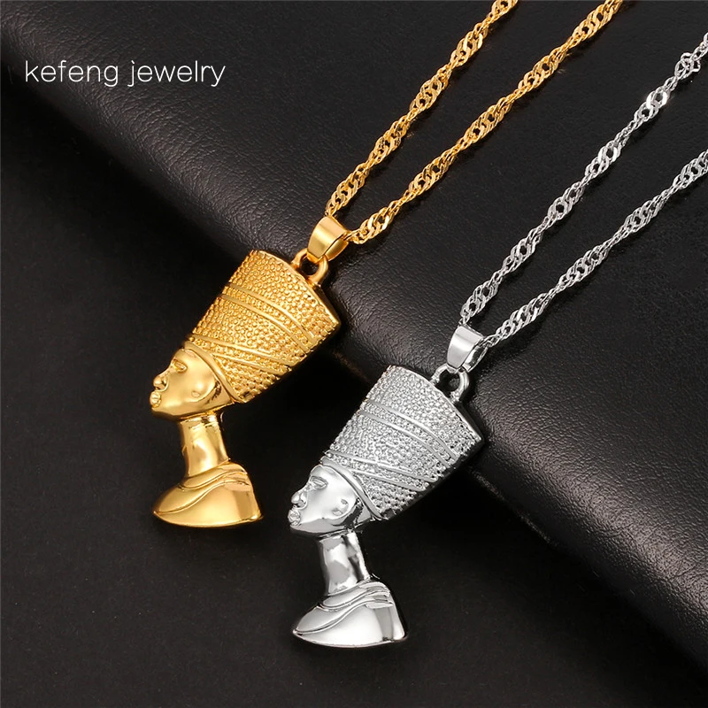 Egyptian Queen Nefertiti Pendant Necklaces for Women Men Jewelry Gold Silver Color Hip Hop Jewellery African Kolye