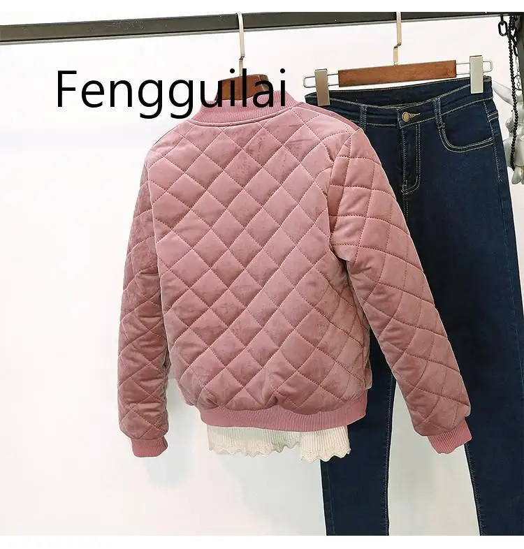 Imagem -06 - Fengguilai Outono Inverno Feminino Curto Cabolsas de Algodão Quente Engrossar Veludo Parka Jaquetas Estudantes de Beisebol Outerwear Sólidos Bombardeiros para